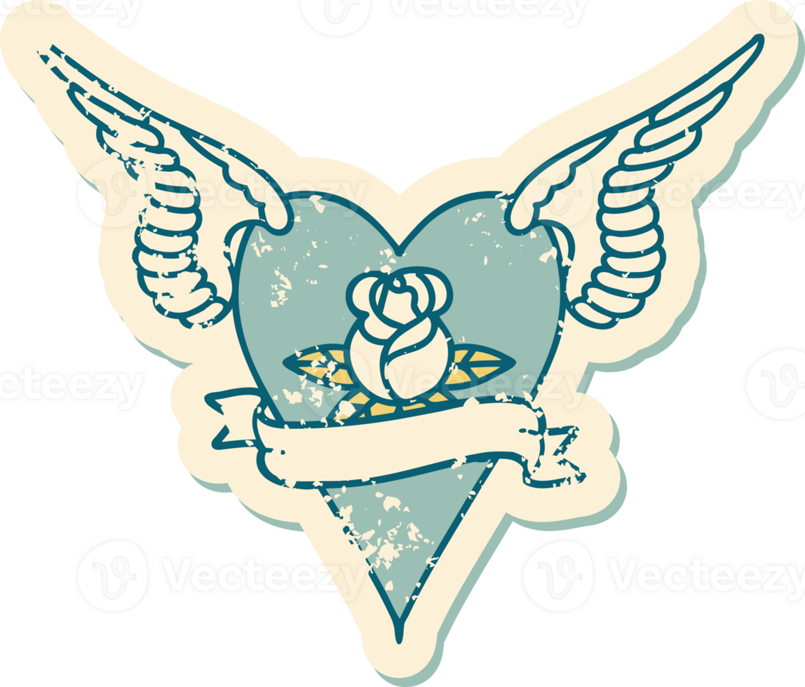 iconic distressed sticker tattoo style image of a flying heart with flowers and banner png