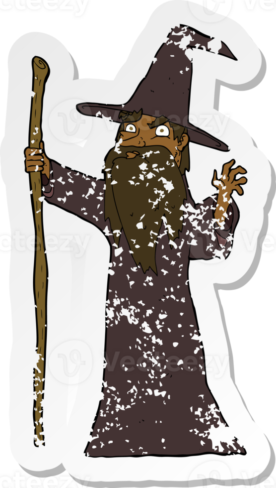 retro distressed sticker of a cartoon spooky wizard png