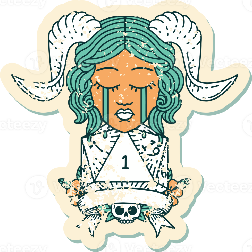 Retro Tattoo Style crying tiefling face with natural 1 D20 Dice png