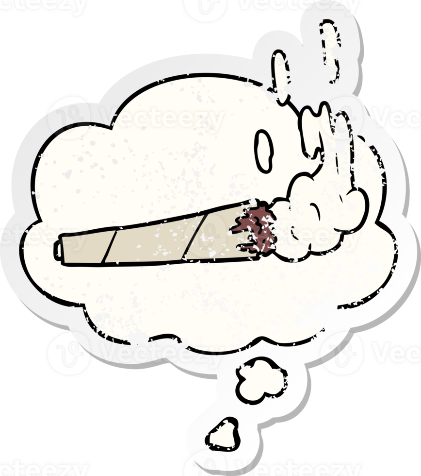 cartoon marijuana joint with thought bubble as a distressed worn sticker png