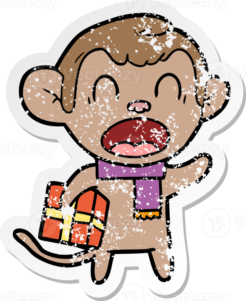 distressed sticker of a shouting cartoon monkey carrying christmas gift png
