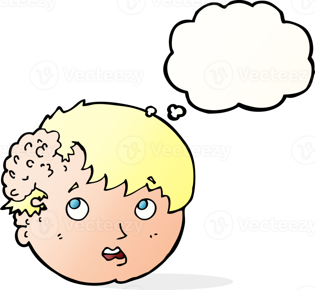 cartoon boy with ugly growth on head with thought bubble png