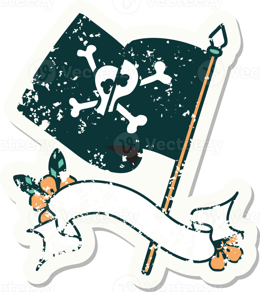 worn old sticker with banner of a pirate flag png