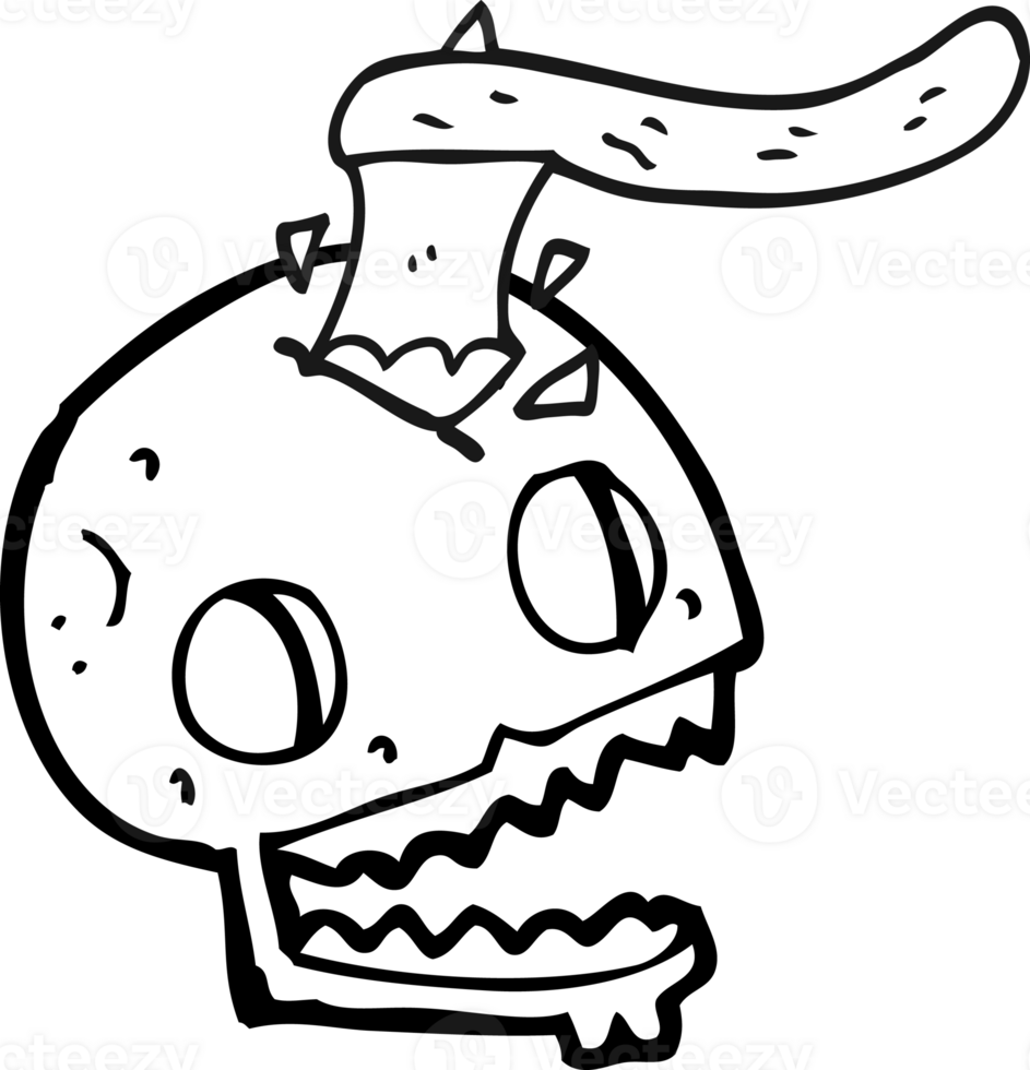hand drawn black and white cartoon axe in skull png