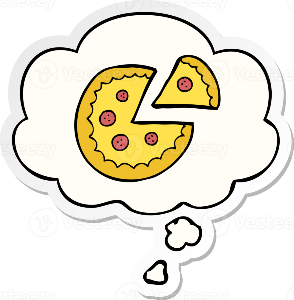 cartoon pizza with thought bubble as a printed sticker png
