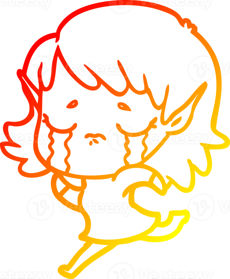 warm gradient line drawing of a cartoon crying elf girl png