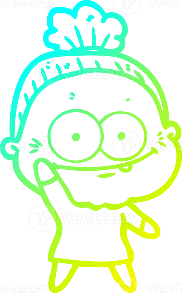 cold gradient line drawing of a cartoon happy old woman png