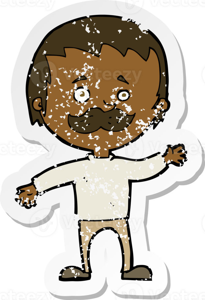 retro distressed sticker of a cartoon man with mustache waving png
