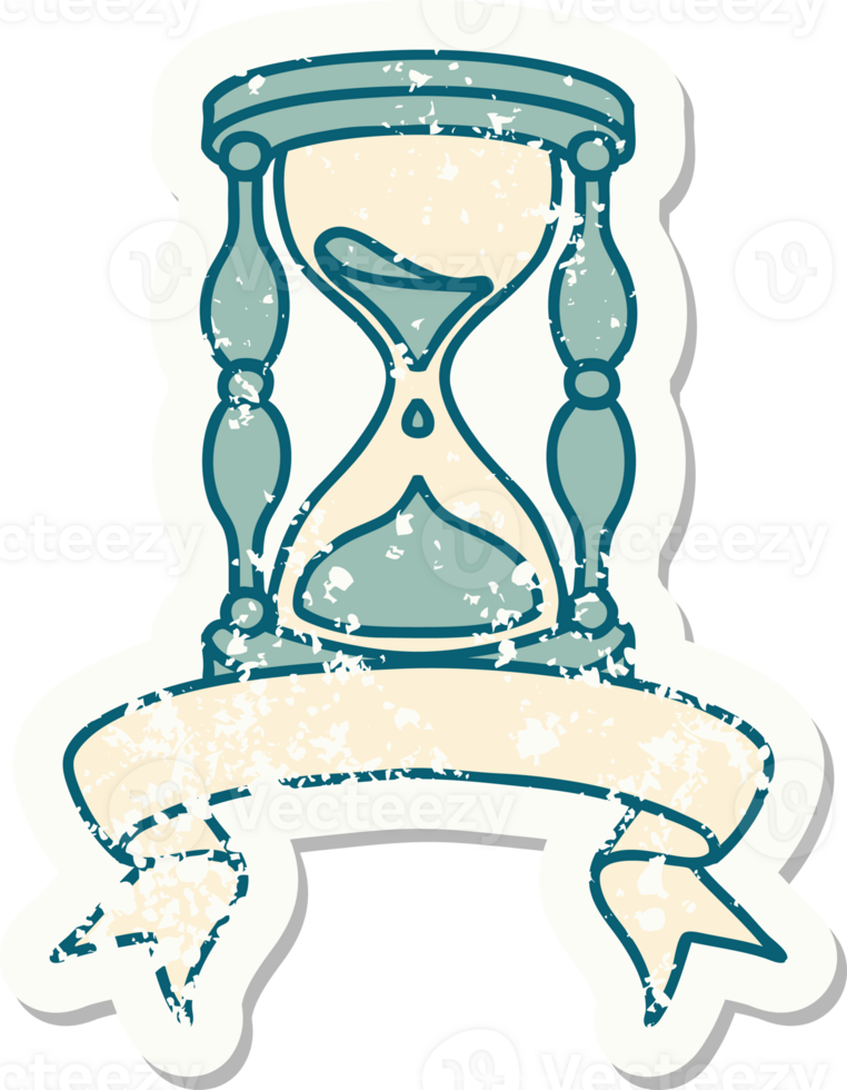 worn old sticker with banner of an hour glass png