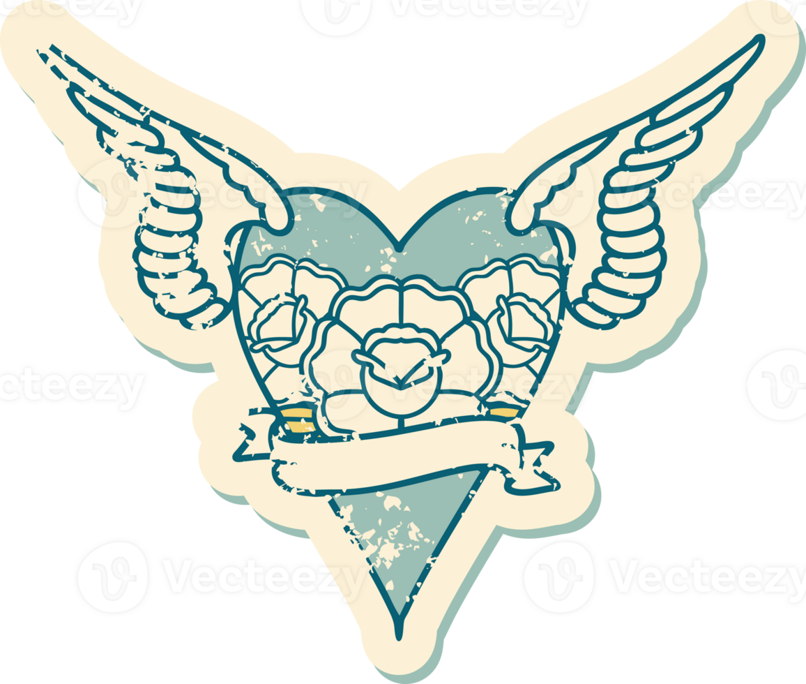 iconic distressed sticker tattoo style image of a flying heart with flowers and banner png