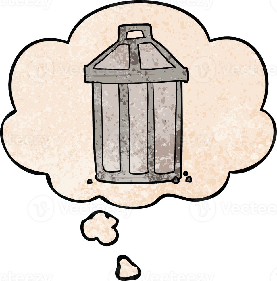 cartoon garbage can with thought bubble in grunge texture style png