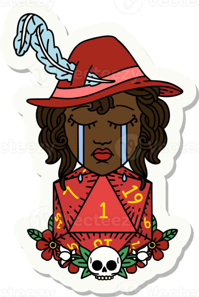 sticker of a crying human bard with natural one D20 dice roll png