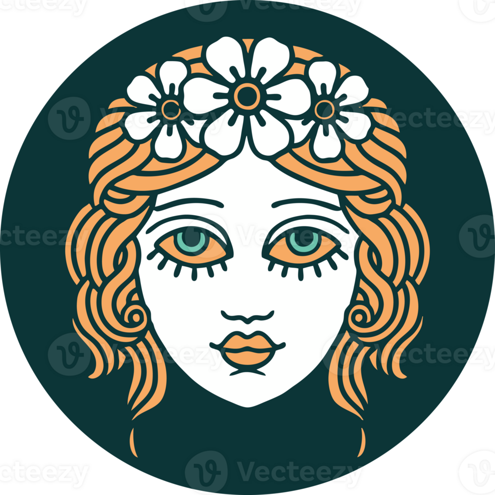 iconic tattoo style image of female face with crown of flowers png