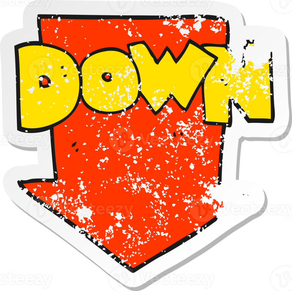 retro distressed sticker of a cartoon down arrow symbol png