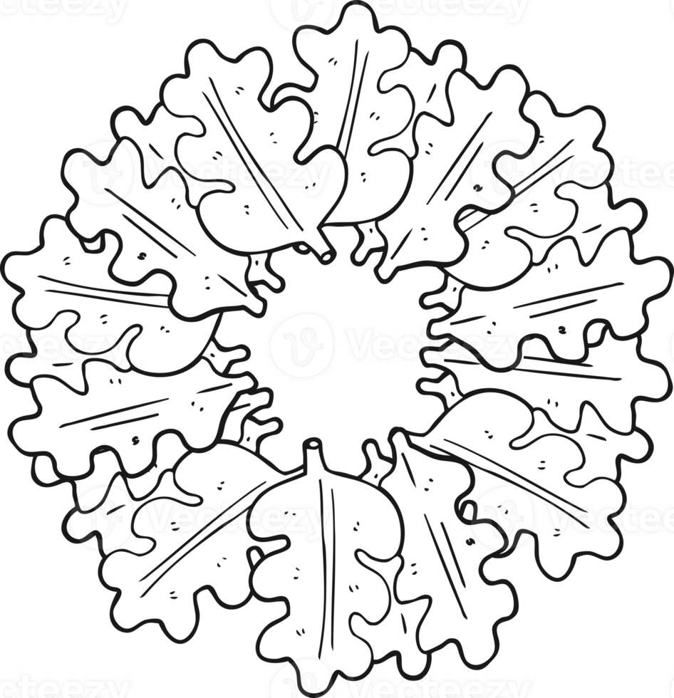 hand drawn black and white cartoon oak leaves in a ring png