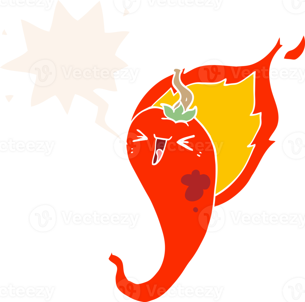 cartoon flaming hot chili pepper with speech bubble in retro style png