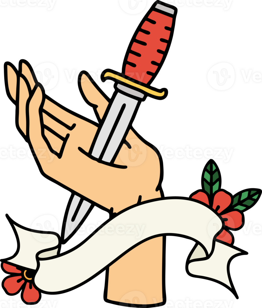 traditional tattoo with banner of a dagger in the hand png