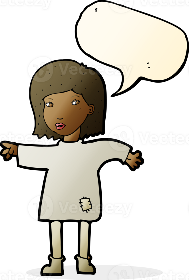 cartoon woman in patched clothing with speech bubble png