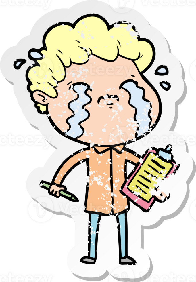 distressed sticker of a cartoon man crying png