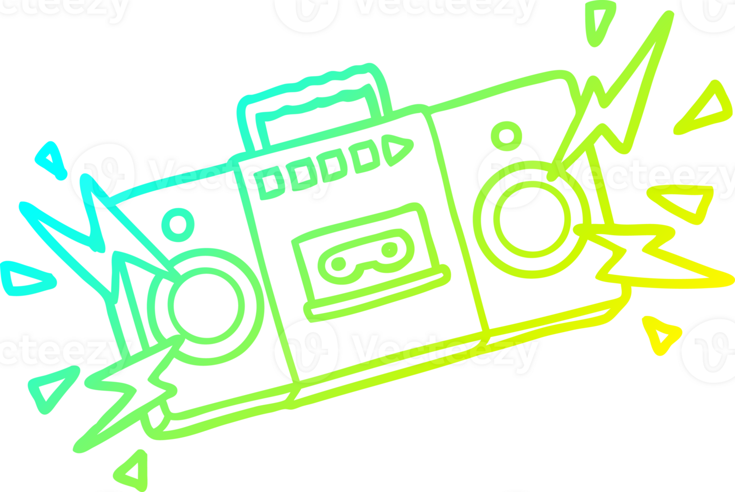cold gradient line drawing of a retro cartoon tape cassette player blasting out old rock tunes png