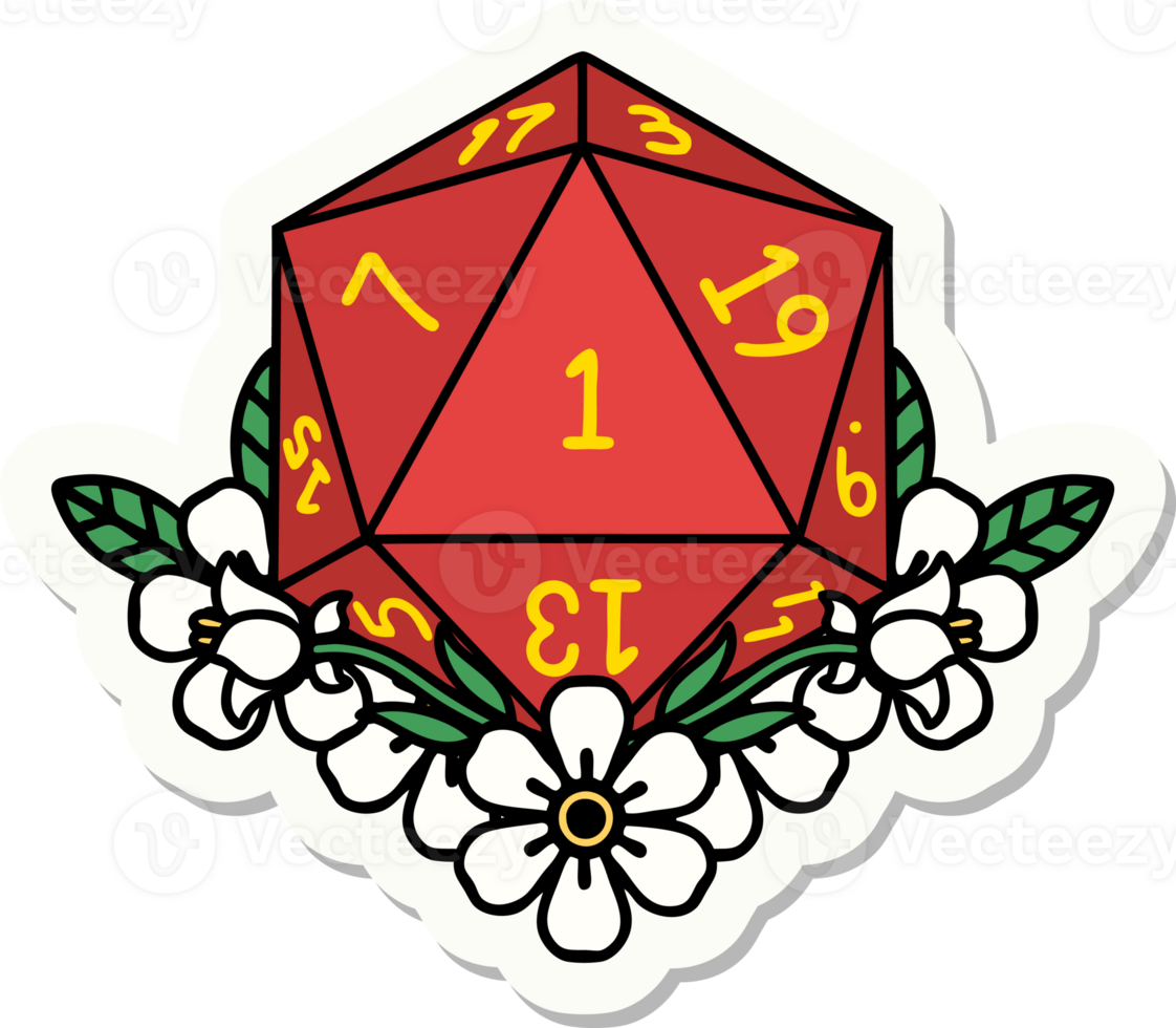 sticker of a natural one dice roll with floral elements png