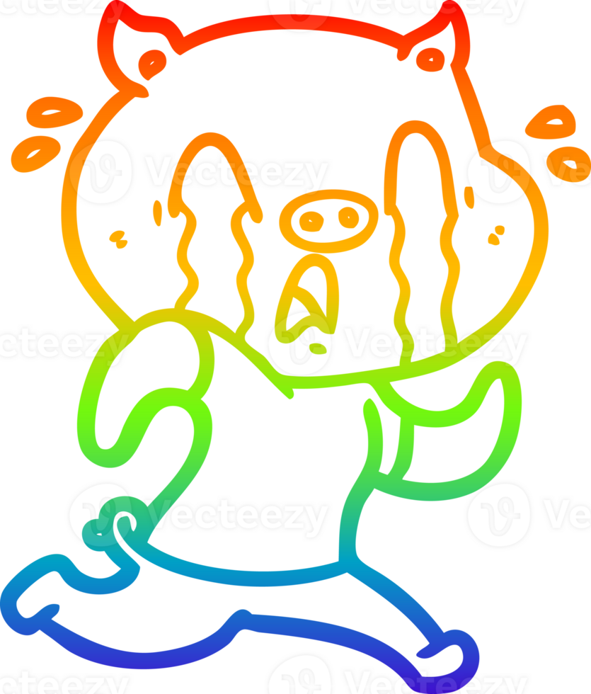 rainbow gradient line drawing of a crying pig cartoon png