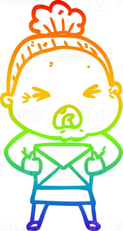 rainbow gradient line drawing of a cartoon angry old woman png