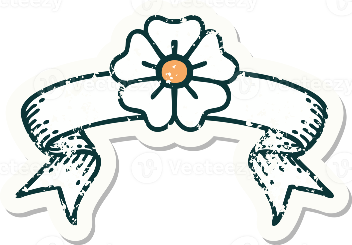 worn old sticker with banner of a flower png