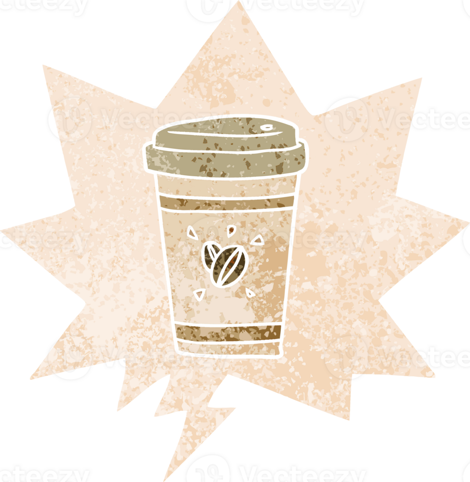 cartoon takeout coffee with speech bubble in grunge distressed retro textured style png