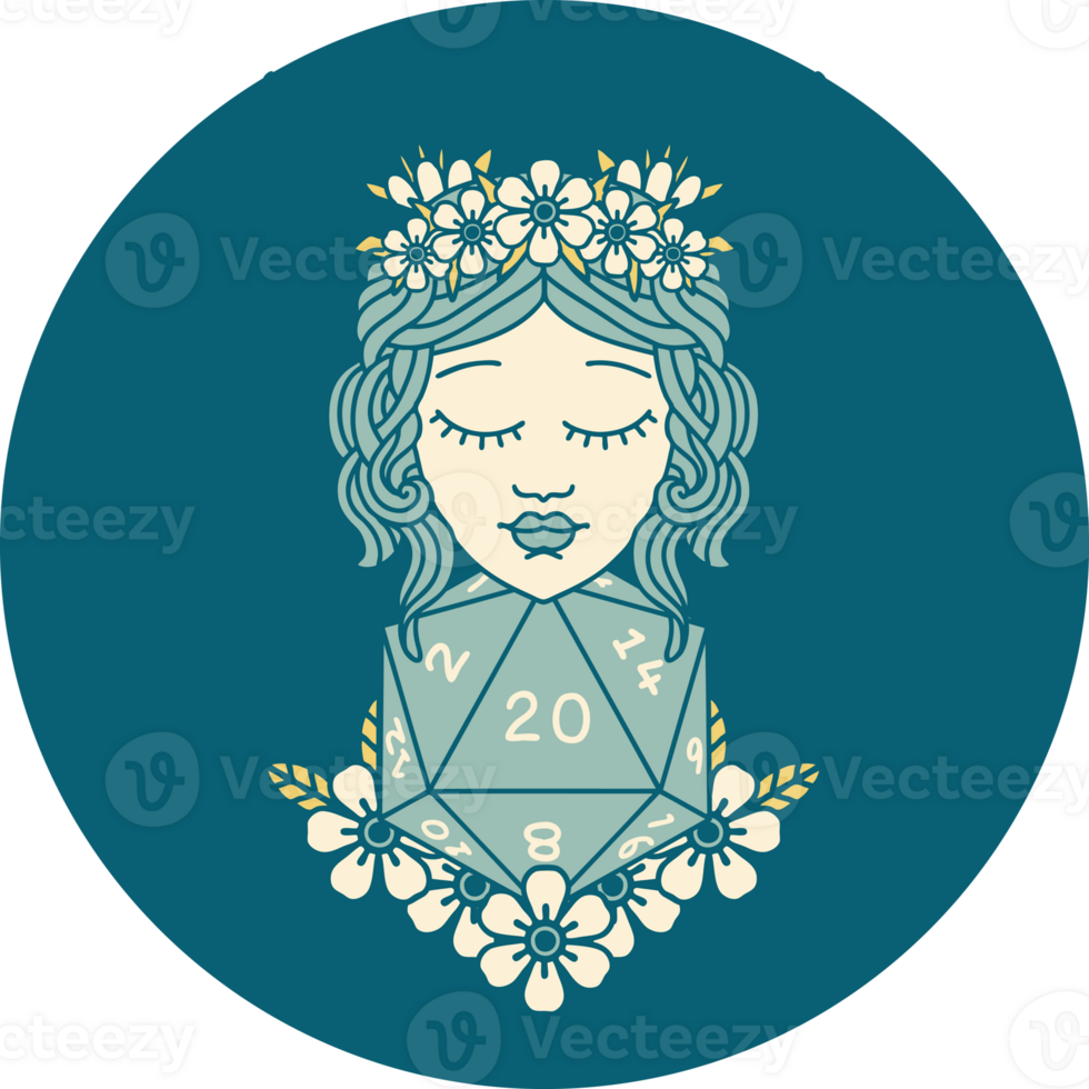 Retro Tattoo Style human druid with natural twenty dice roll png