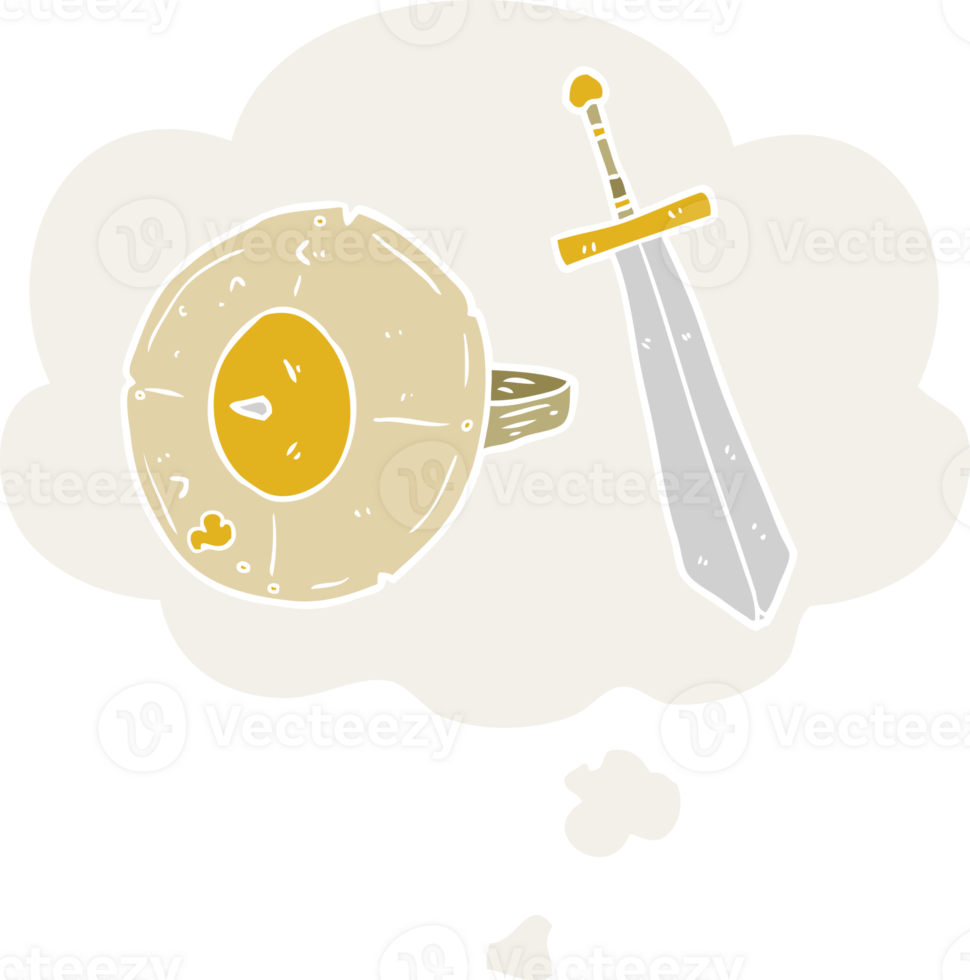 cartoon shield and sword with thought bubble in retro style png
