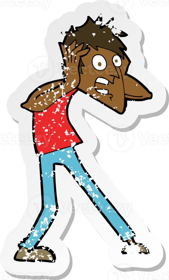 retro distressed sticker of a cartoon man panicking png