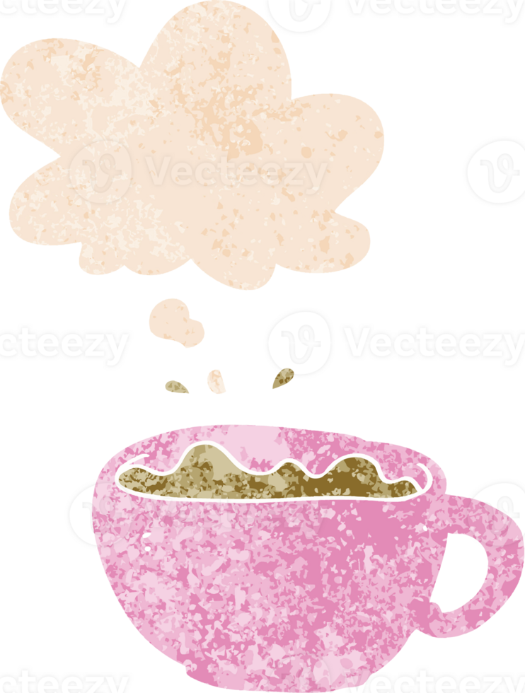 cartoon coffee cup with thought bubble in grunge distressed retro textured style png