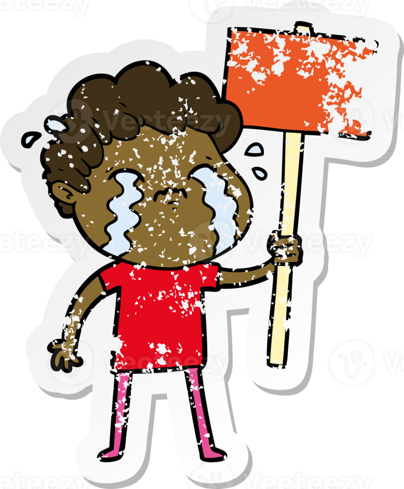 distressed sticker of a cartoon man crying png