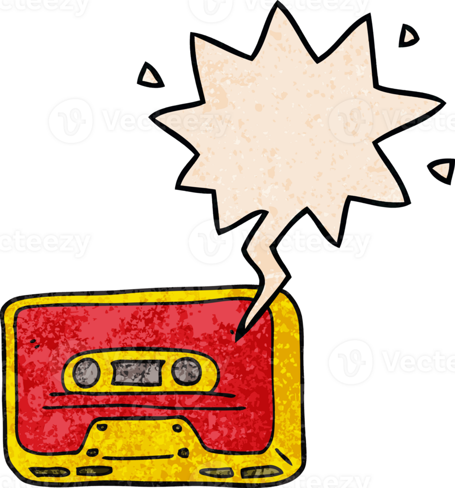cartoon old tape cassette with speech bubble in retro texture style png