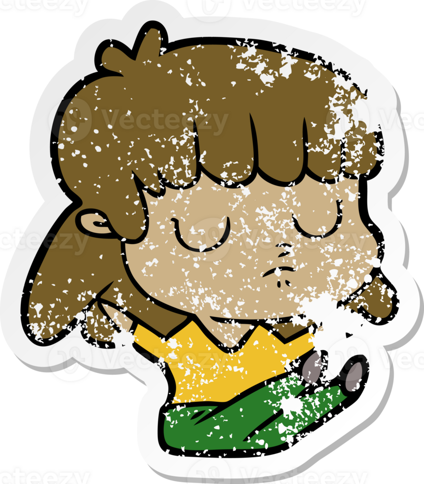 distressed sticker of a cartoon indifferent woman sitting png