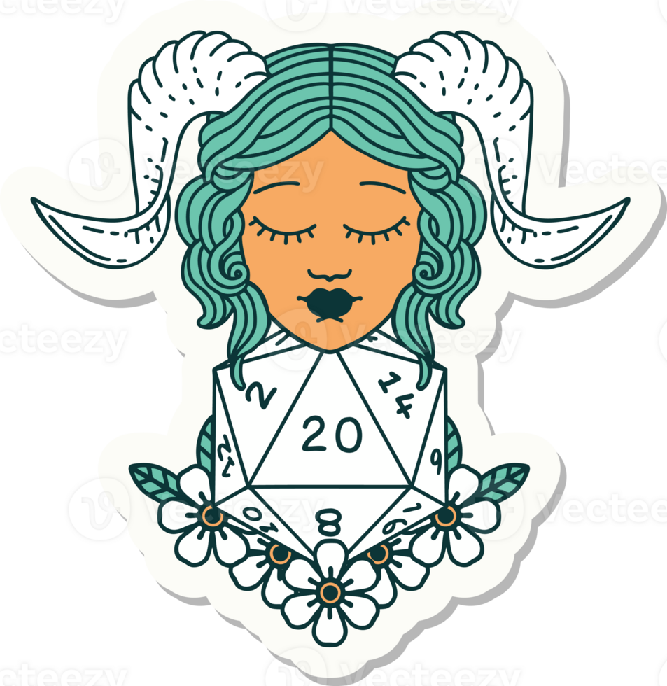 sticker of a tiefling with natural twenty dice roll png