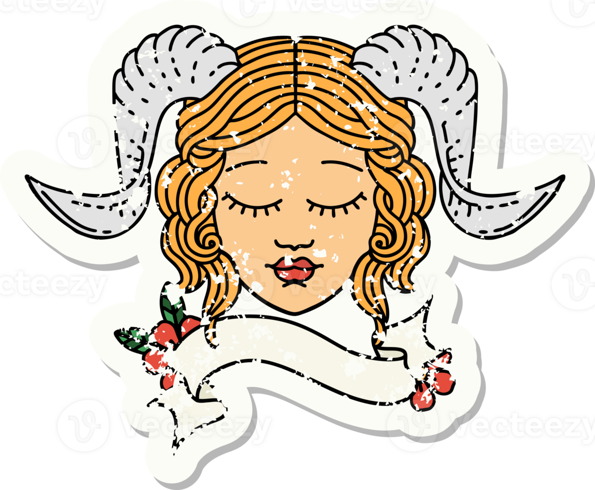 grunge sticker of a tiefling character face with scroll banner png