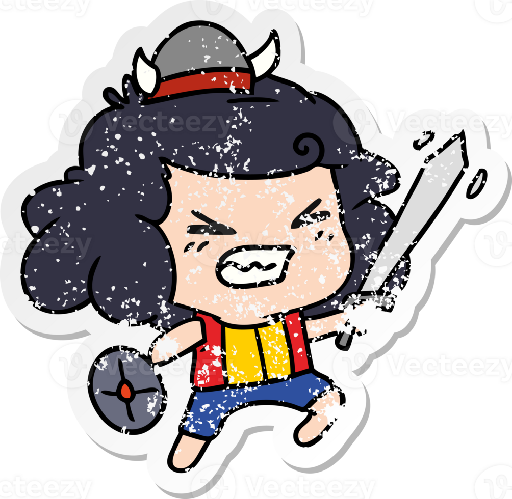 hand- getrokken verontrust sticker tekenfilm van kawaii viking kind png