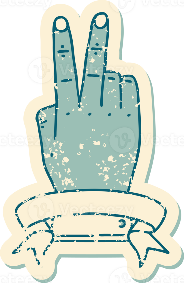 Retro Tattoo Style victory v hand gesture with banner png