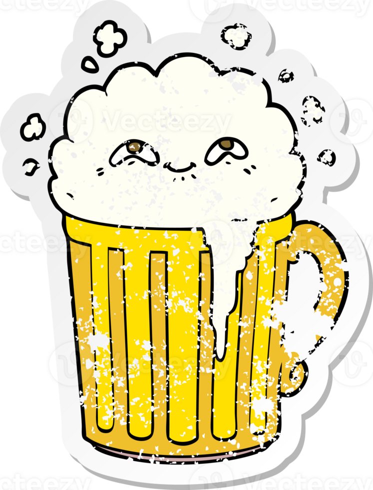 distressed sticker of a happy cartoon mug of beer png