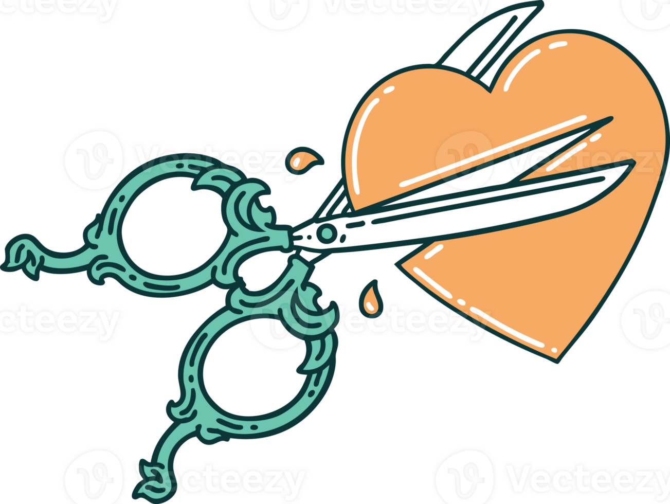 iconic tattoo style image of scissors cutting a heart png