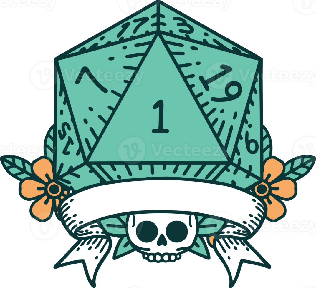 Retro Tattoo Style natural one d20 dice roll png