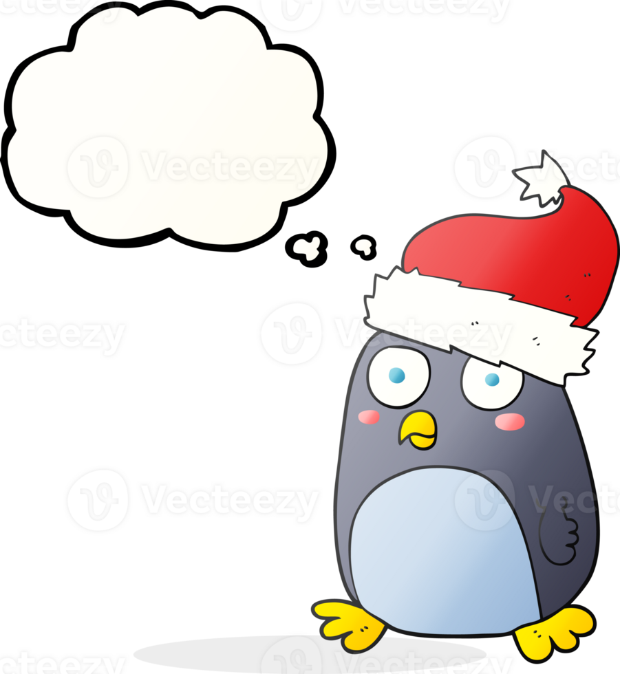 hand drawn thought bubble cartoon penguin in christmas hat png