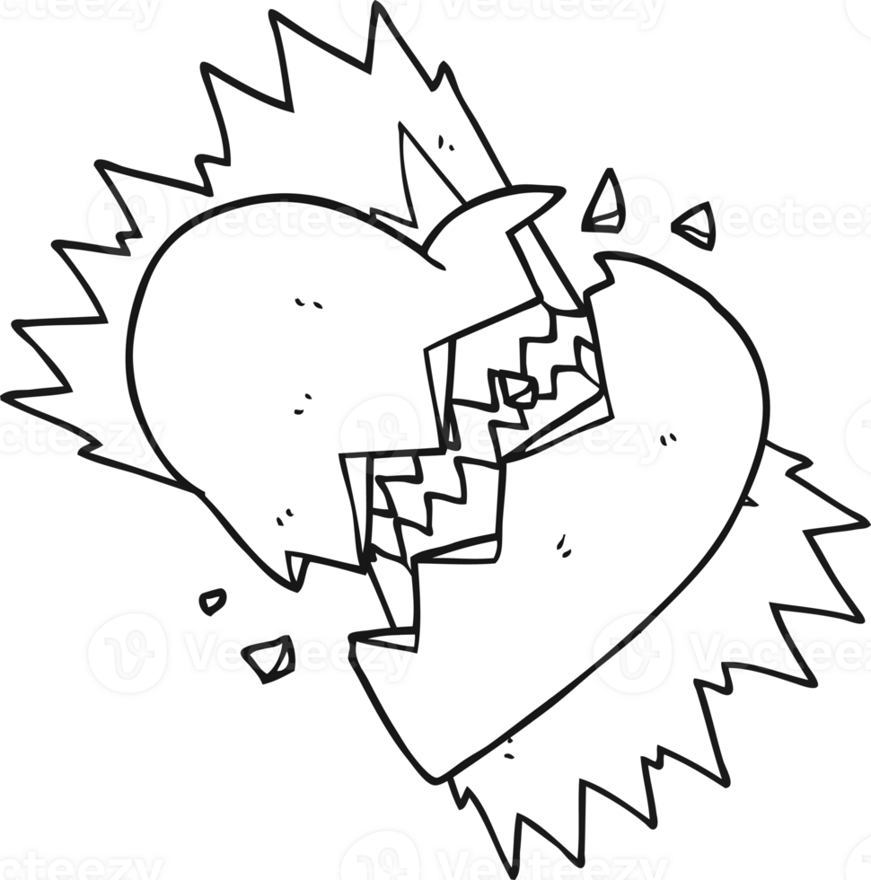 hand drawn black and white cartoon broken heart png