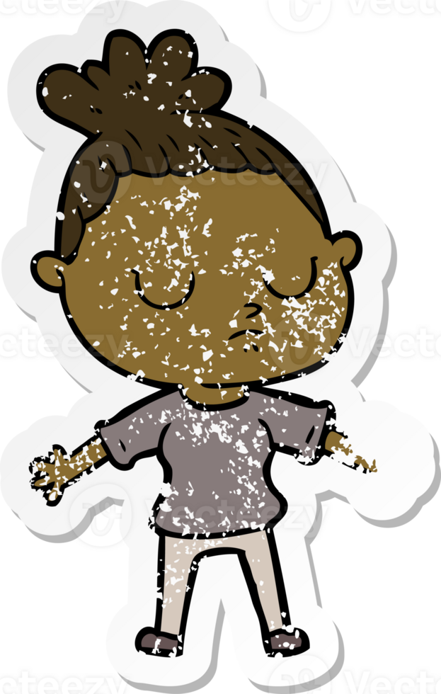 distressed sticker of a cartoon calm woman png