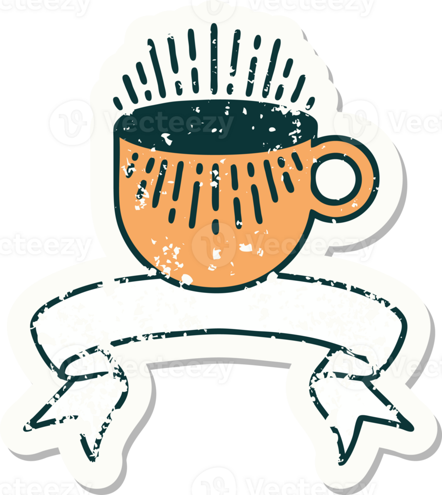worn old sticker with banner of cup of coffee png