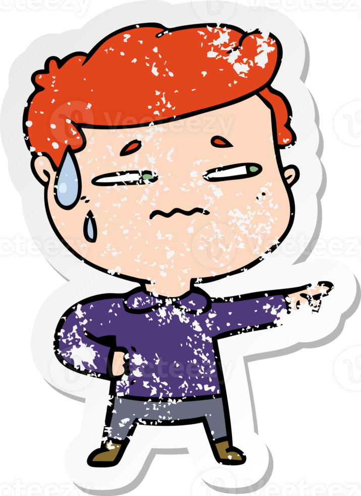 distressed sticker of a cartoon anxious man pointing png