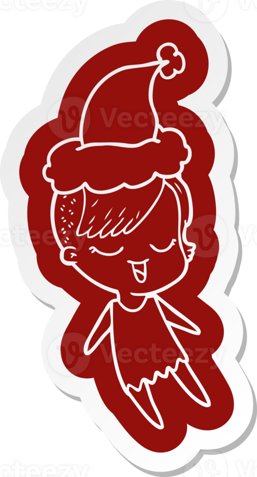 happy quirky cartoon  sticker of a girl wearing santa hat png