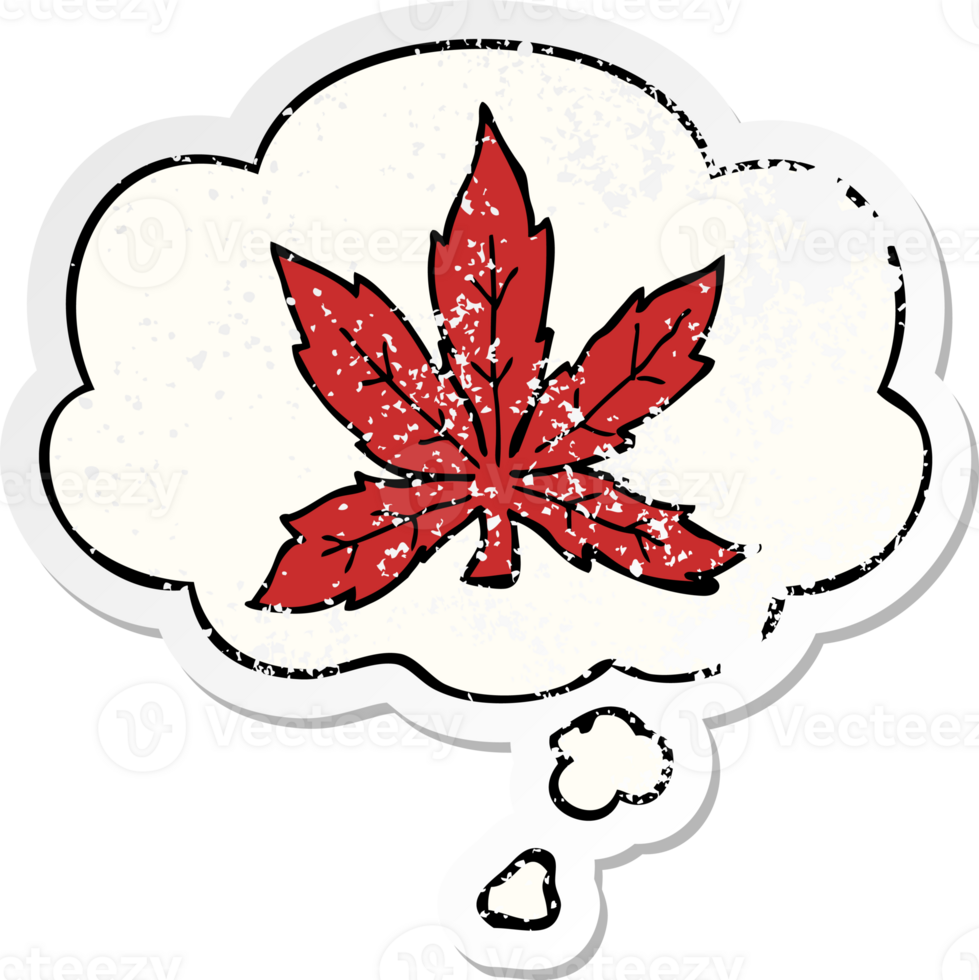cartoon marijuana leaf with thought bubble as a distressed worn sticker png